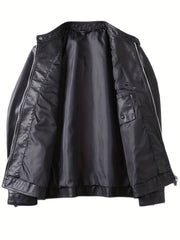 PU Biker Jacket Men's Casual Zip Up Faux Leather Jacket For Fall Winter