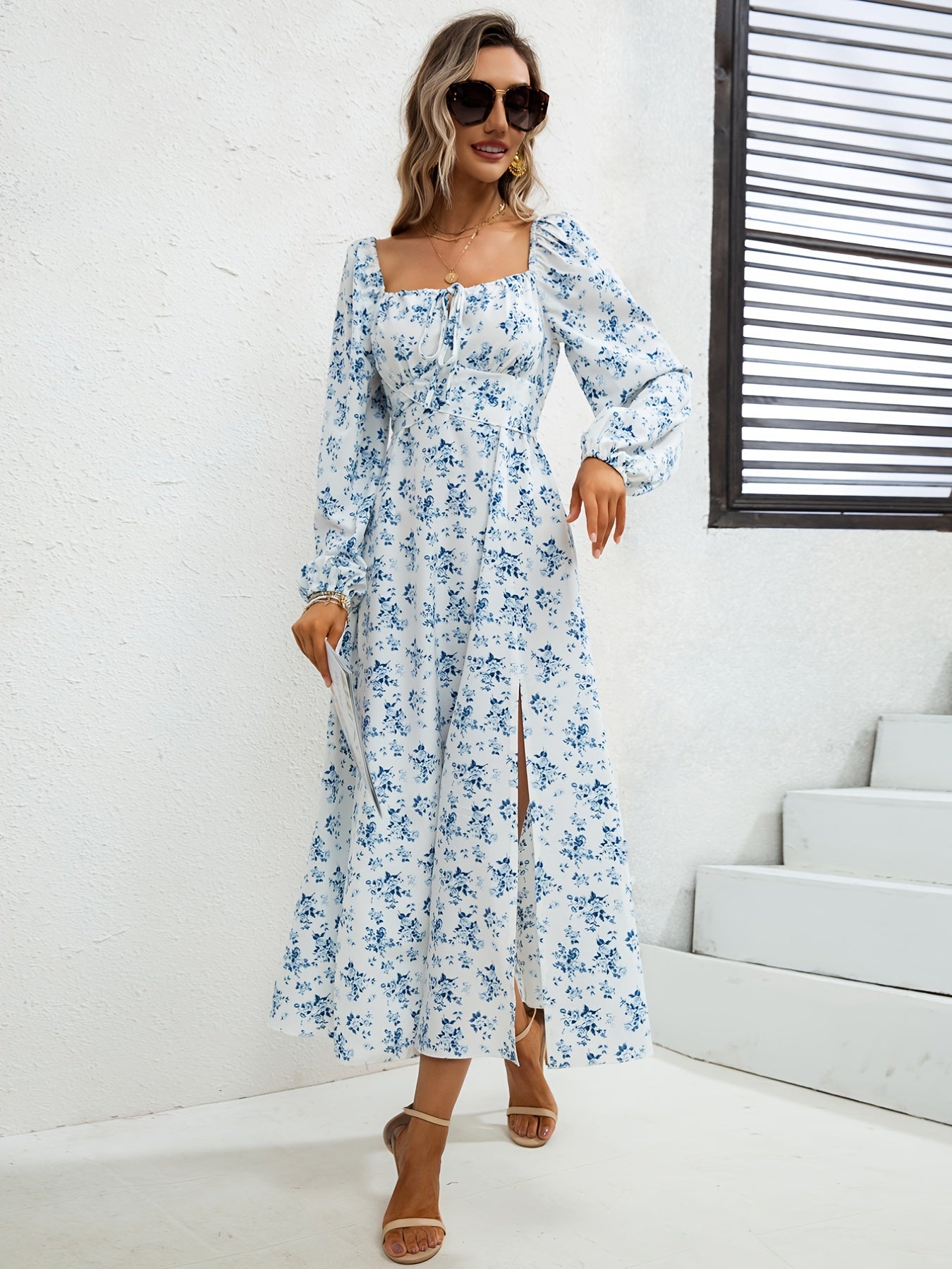Floral Print Tie Back Dress Square Neck Long Sleeve Split Dress