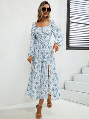 Floral Print Tie Back Dress Square Neck Long Sleeve Split Dress