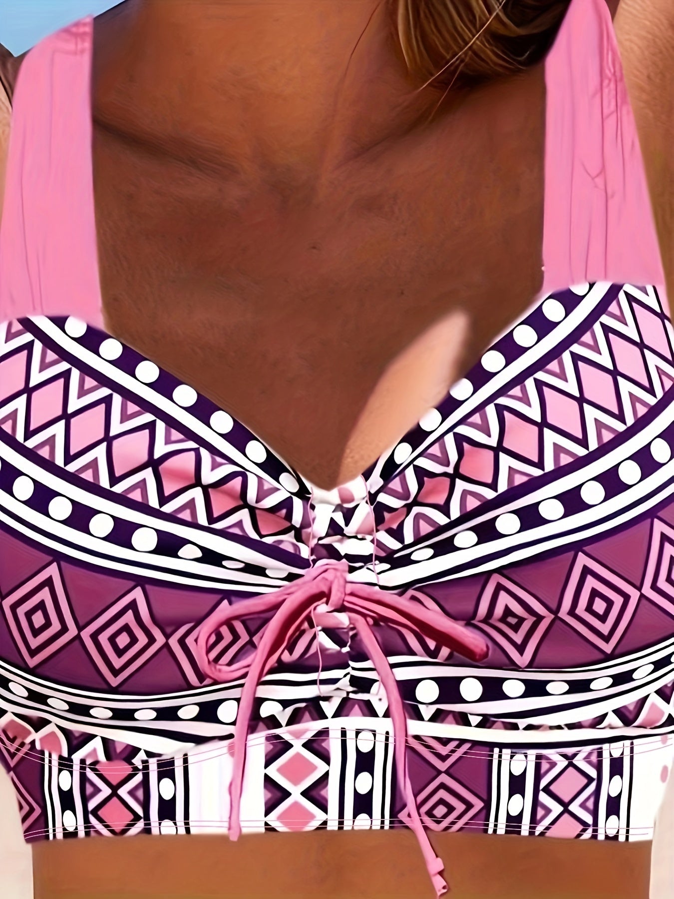 Geo Print Bikini Set Tie Front Crisscross Back & Ruched Skirt Swimsuit
