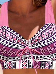 Geo Print Bikini Set Tie Front Crisscross Back & Ruched Skirt Swimsuit