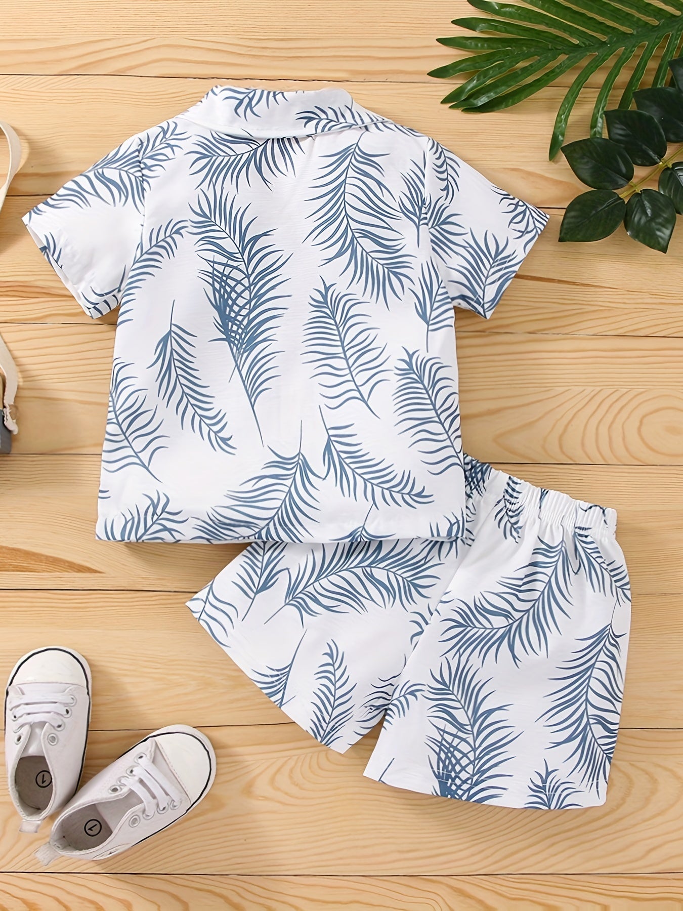 2pcs Baby Boys Leaf Print Short Sleeve Shirt & Shorts Set for Summer