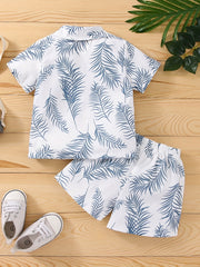 2pcs Baby Boys Leaf Print Short Sleeve Shirt & Shorts Set for Summer