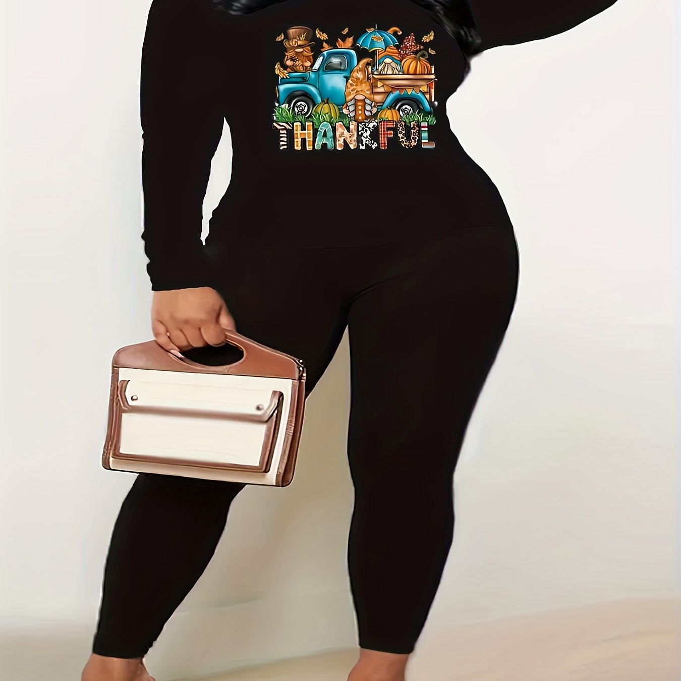 Thanksgiving Casual Outfit 2 Piece Set V Neck Top & Leggings