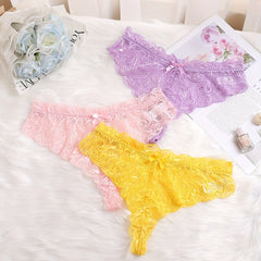 3 Pack Plus Size Sexy Panties Set Lace Bow Detail See Through Underwear