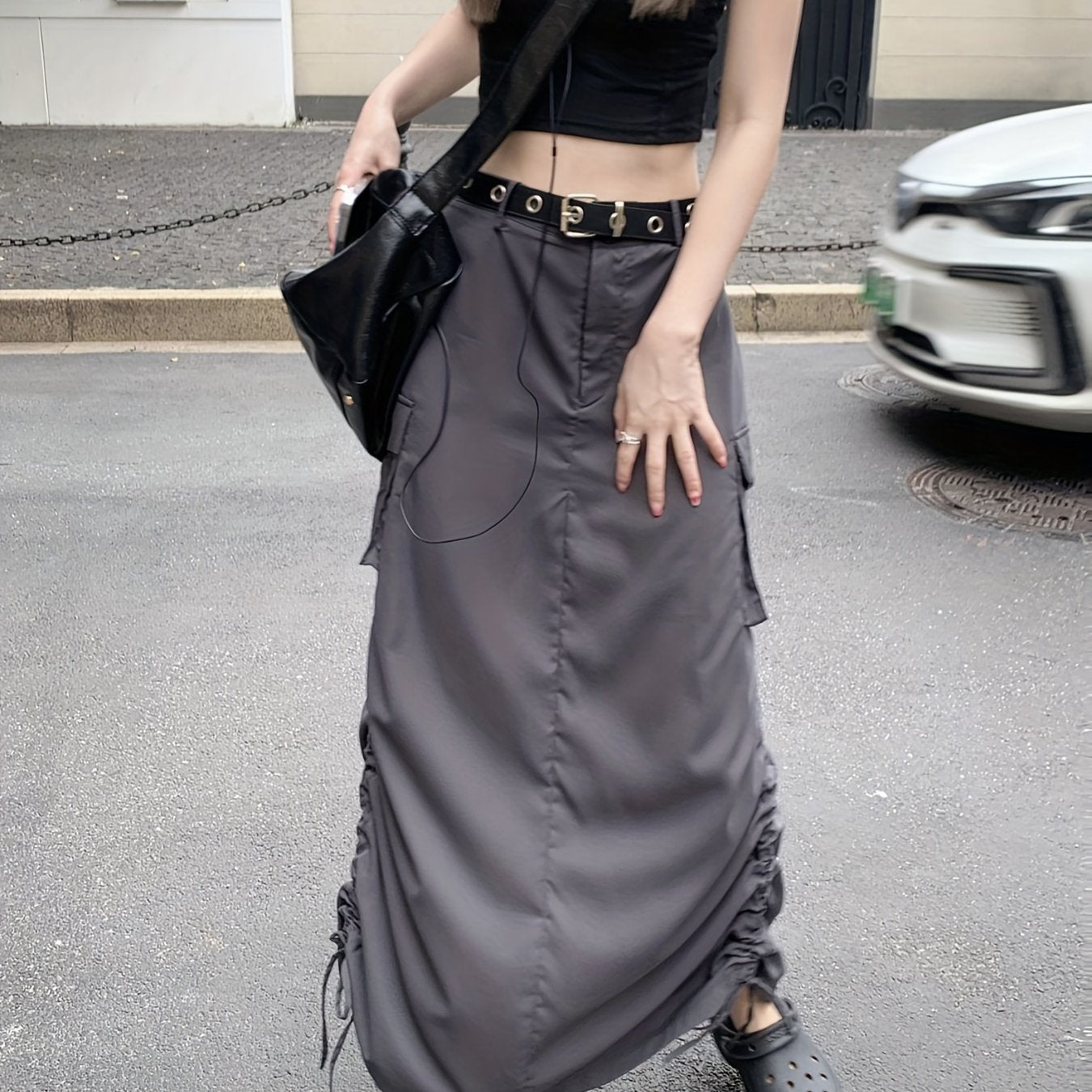 Drawstring Ruched Cargo Skirt with Flap Pockets