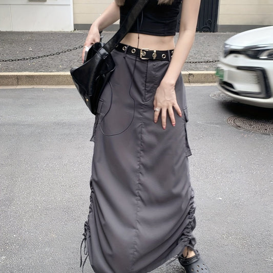 Drawstring Ruched Cargo Skirt with Flap Pockets