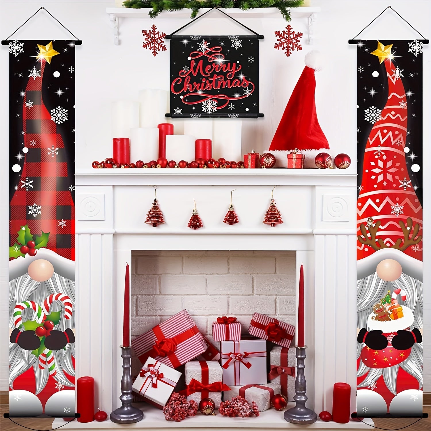 Christmas Hanging Banner Porch Sign Santa Claus Christmas Tree Gift Banner