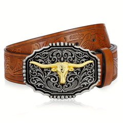 Men's Western Cowboy Leather Belt Long Horn Bull Buckle Embossed Floral