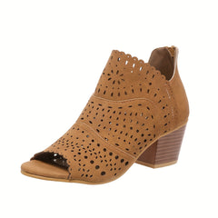 Chunky Heeled Sandals Peep Toe Hollow Out Back Zipper Mid Heels