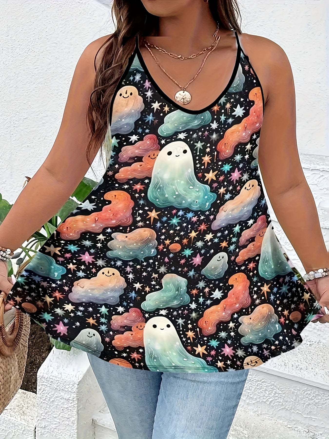 Halloween Ghost & Star Print V Neck Cami Top