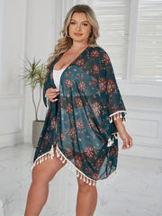 Floral Print Tassel Trim Bat Sleeve Beach Cover Up