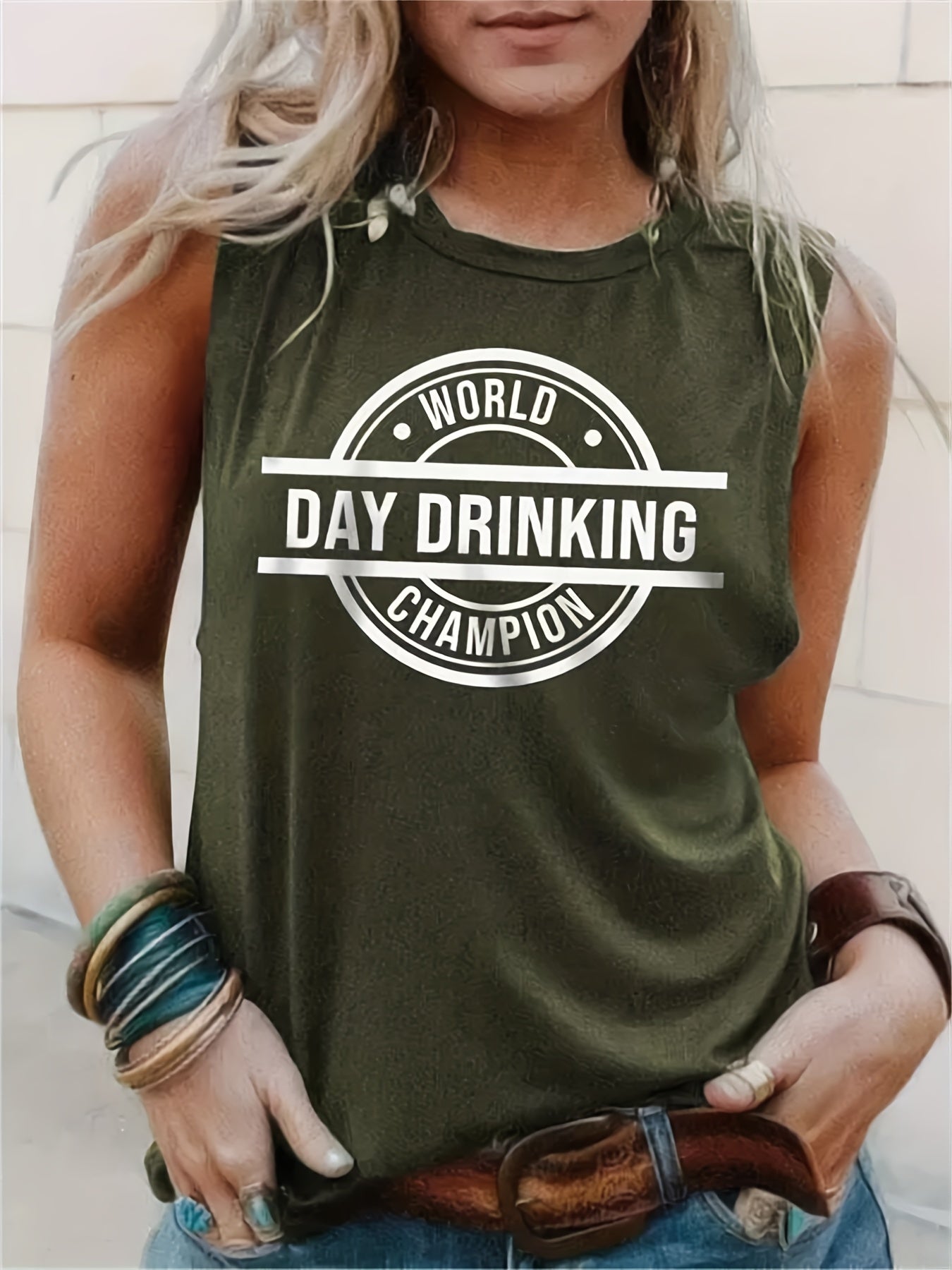 Letter Print Crew Neck Tank Top Casual Sleeveless Women's Clothing