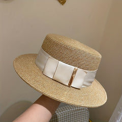 British Style Straw Sun Hat Flat Brim Jazz Fedora Cap Ribbon Bowknot Decor