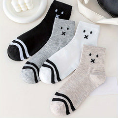 4 Pairs Cartoon Print Mid Tube Socks Soft & Comfy Ribbed Socks Women's Stockings
