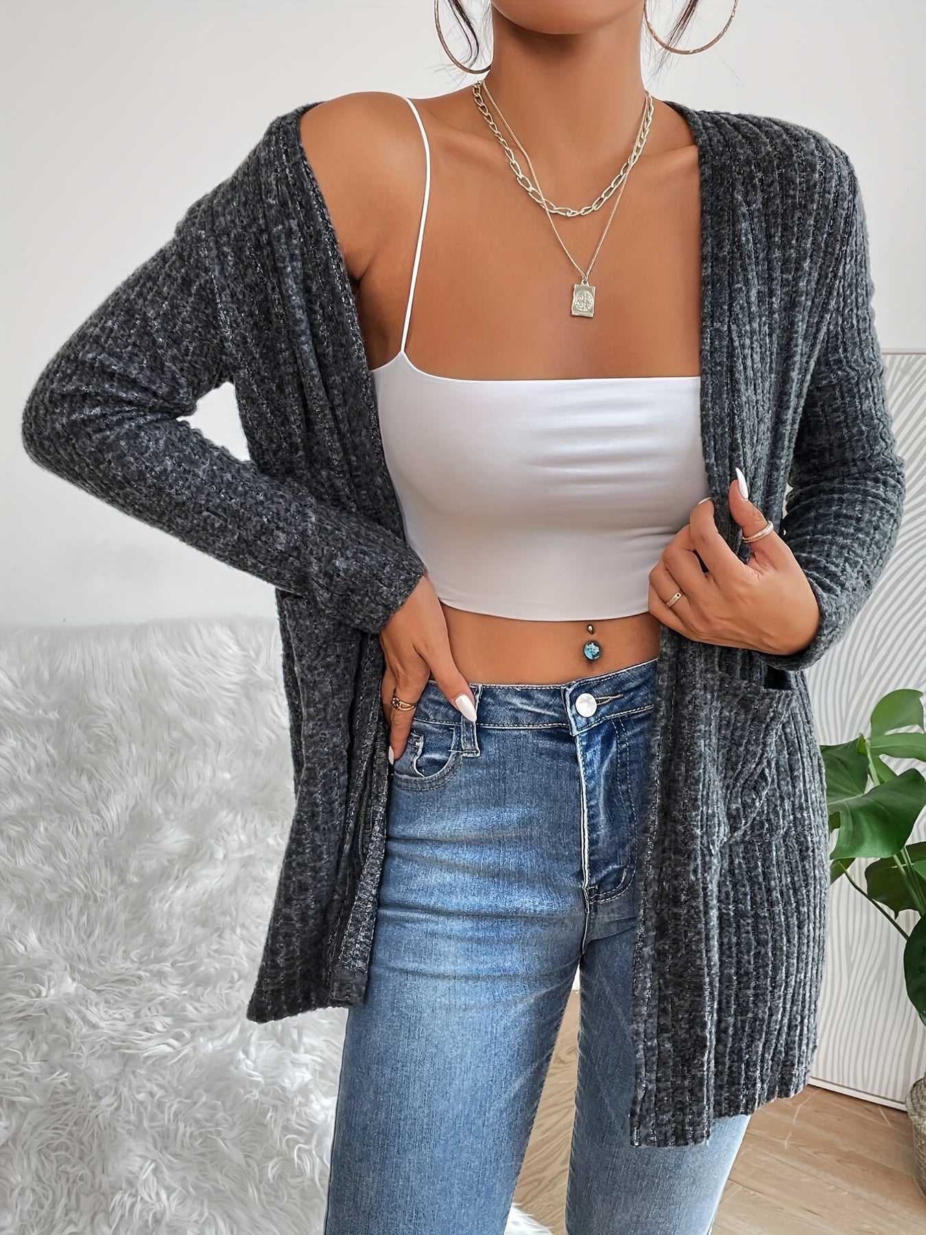 Solid Ribbed Long Sleeve Open Front Cardigan With Pockets