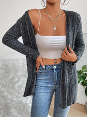 Solid Ribbed Long Sleeve Open Front Cardigan With Pockets