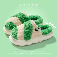 Colorblock Plush Cloud Slippers Closed Toe Platform Winter Warm Home Slippers