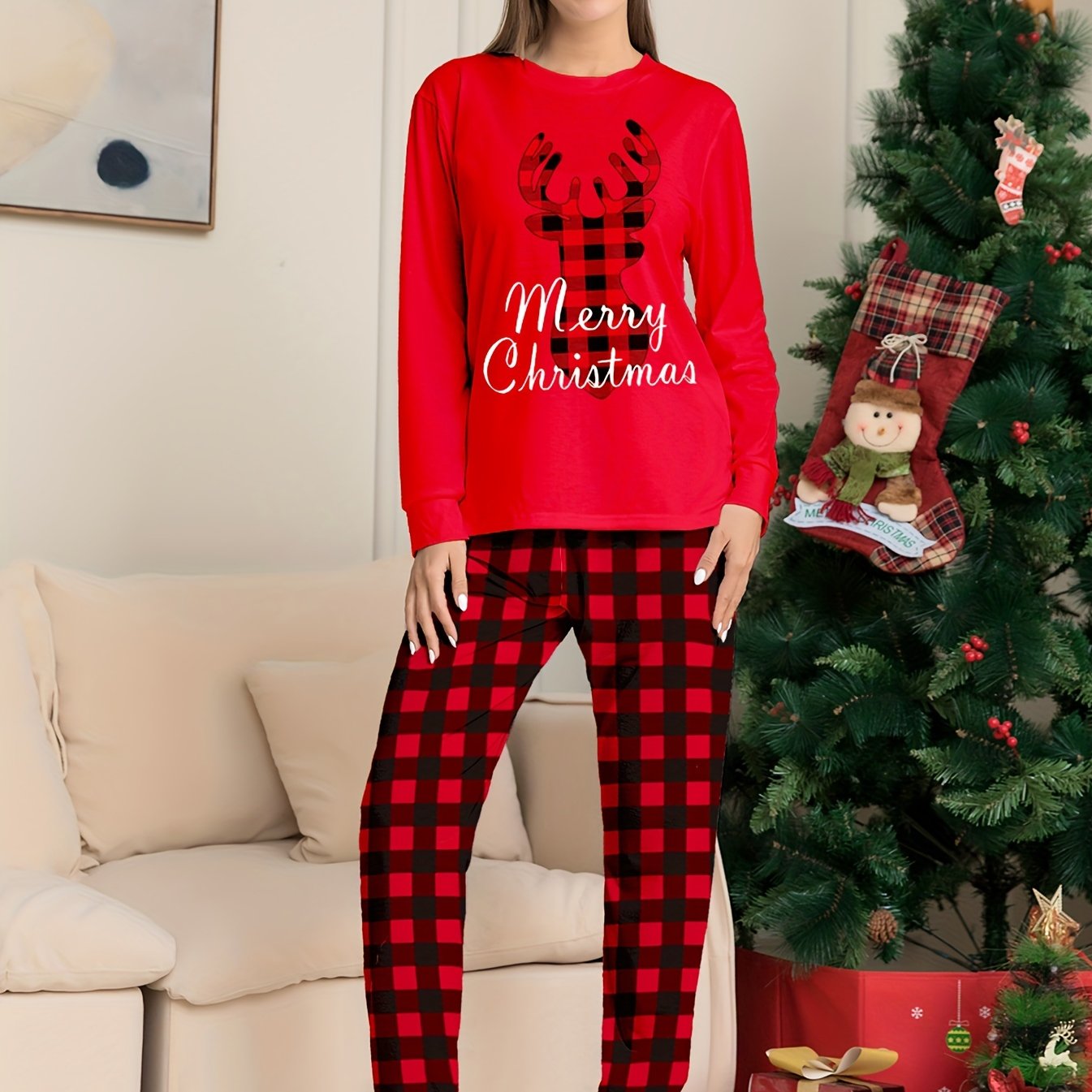 Christmas Elk Print Pajama Set Long Sleeve Top & Plaid Pants