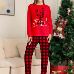 Christmas Elk Print Pajama Set Long Sleeve Top & Plaid Pants