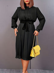 Pleated Belted Dress Casual Long Sleeve Dress Spring & Fall