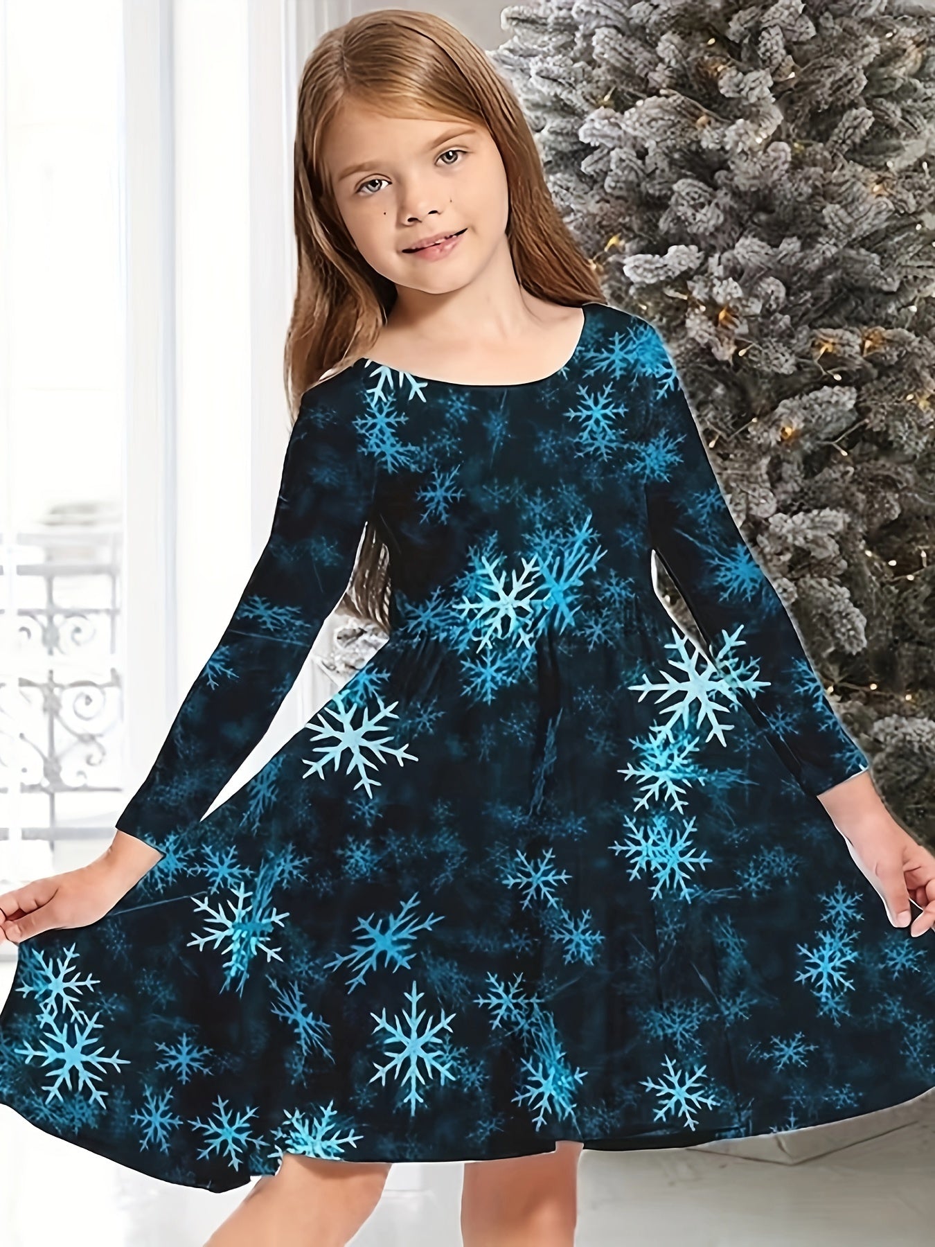 Snowy Reindeer Long Sleeve Dress Kids Spring Fall Christmas Gift