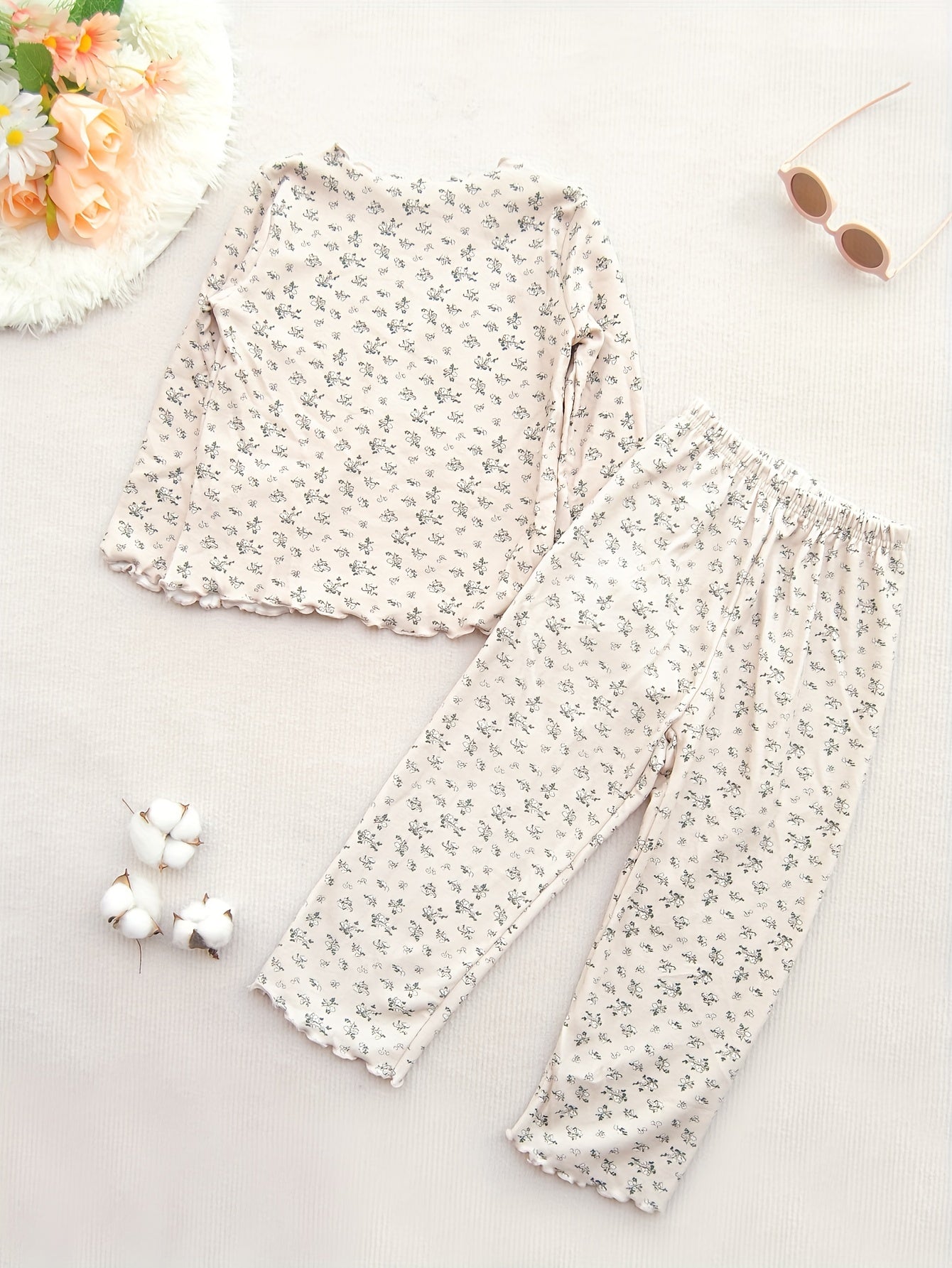 2pcs Floral Pajama Set Long Sleeve Top & Pants Cozy PJ Girl's Loungewear