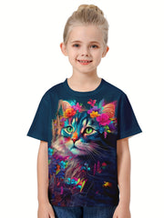 Girls Tie Dye Kitty Graphic Crew Neck T-shirt