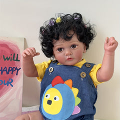 23in Simulative Reborn Doll Dark Brown Skin Hand-Planted Hair Soft Cloth Body