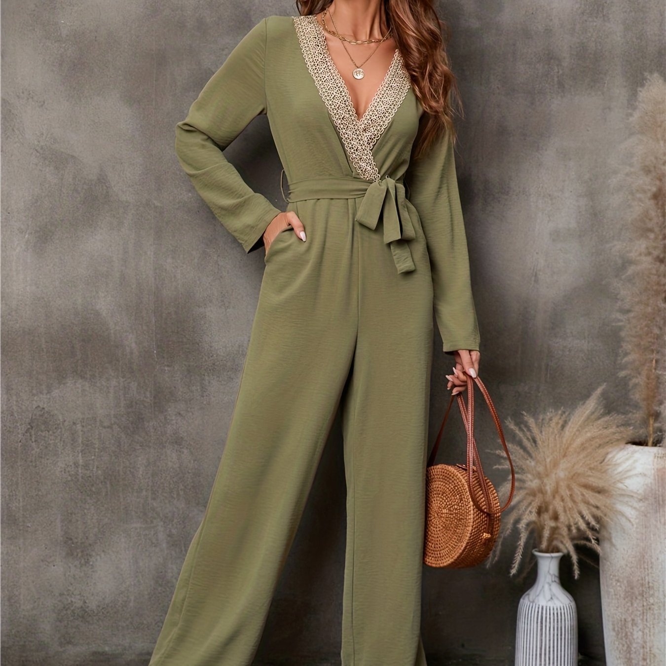 Lace V Neck Jumpsuit Long Sleeve Belted