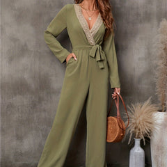 Lace V Neck Jumpsuit Long Sleeve Belted