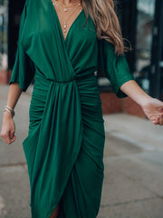 Plus Size Solid Half Sleeve Draped Front Occasion Dress
