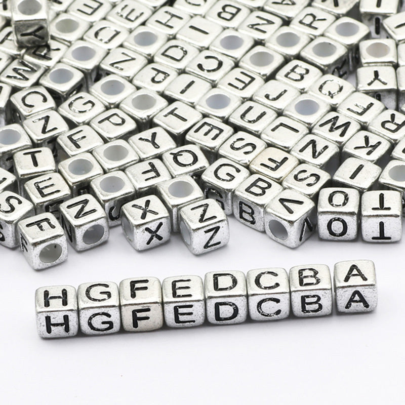 100pcs Antique Silvery Letter Acrylic Beads Cube Spacer DIY Jewelry Making