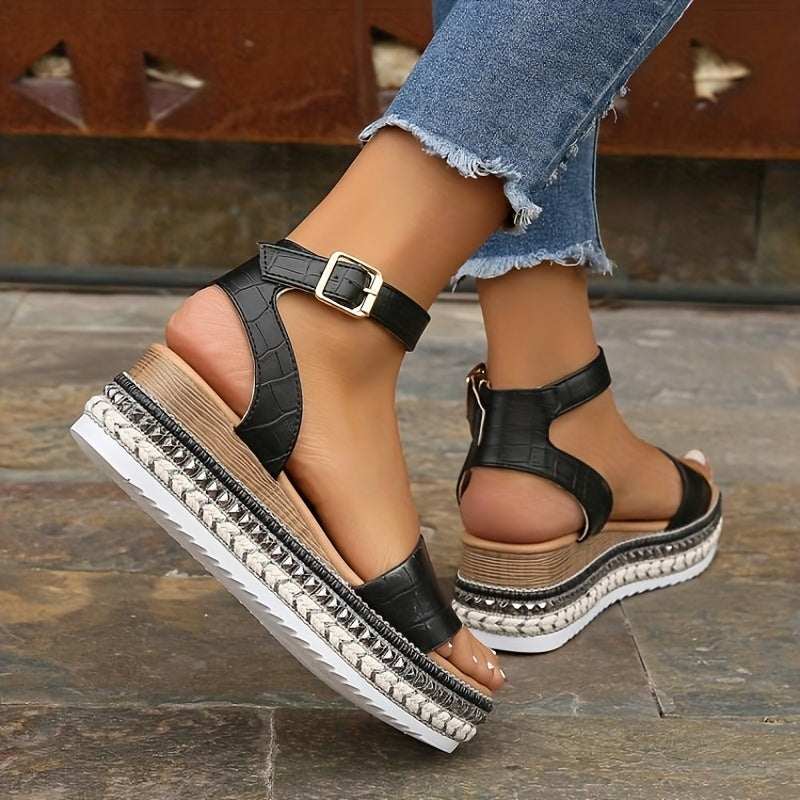 Studded Platform Sandals Ankle Buckle Strap Wedge Espadrille Sandals