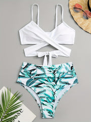 Criss Cross V Neck Tie Back 2 Piece Swimsuit High Cut Spaghetti Straps Bikini