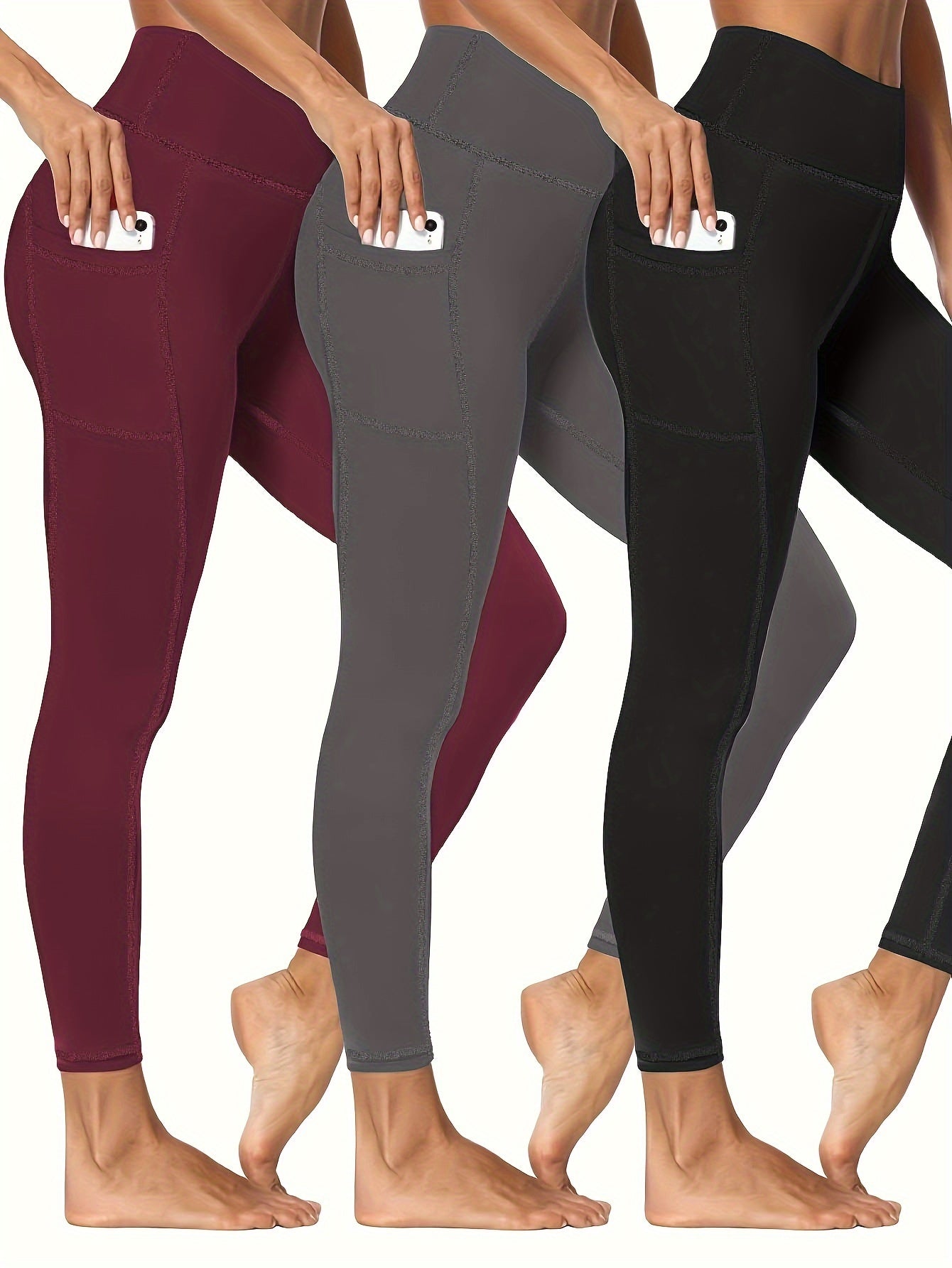 3 Pack Plus Size Sports Leggings Women's Plus Solid Pipping High Stretch Yoga
