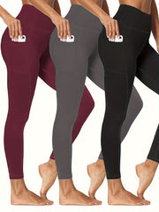 3 Pack Plus Size Sports Leggings Women's Plus Solid Pipping High Stretch Yoga