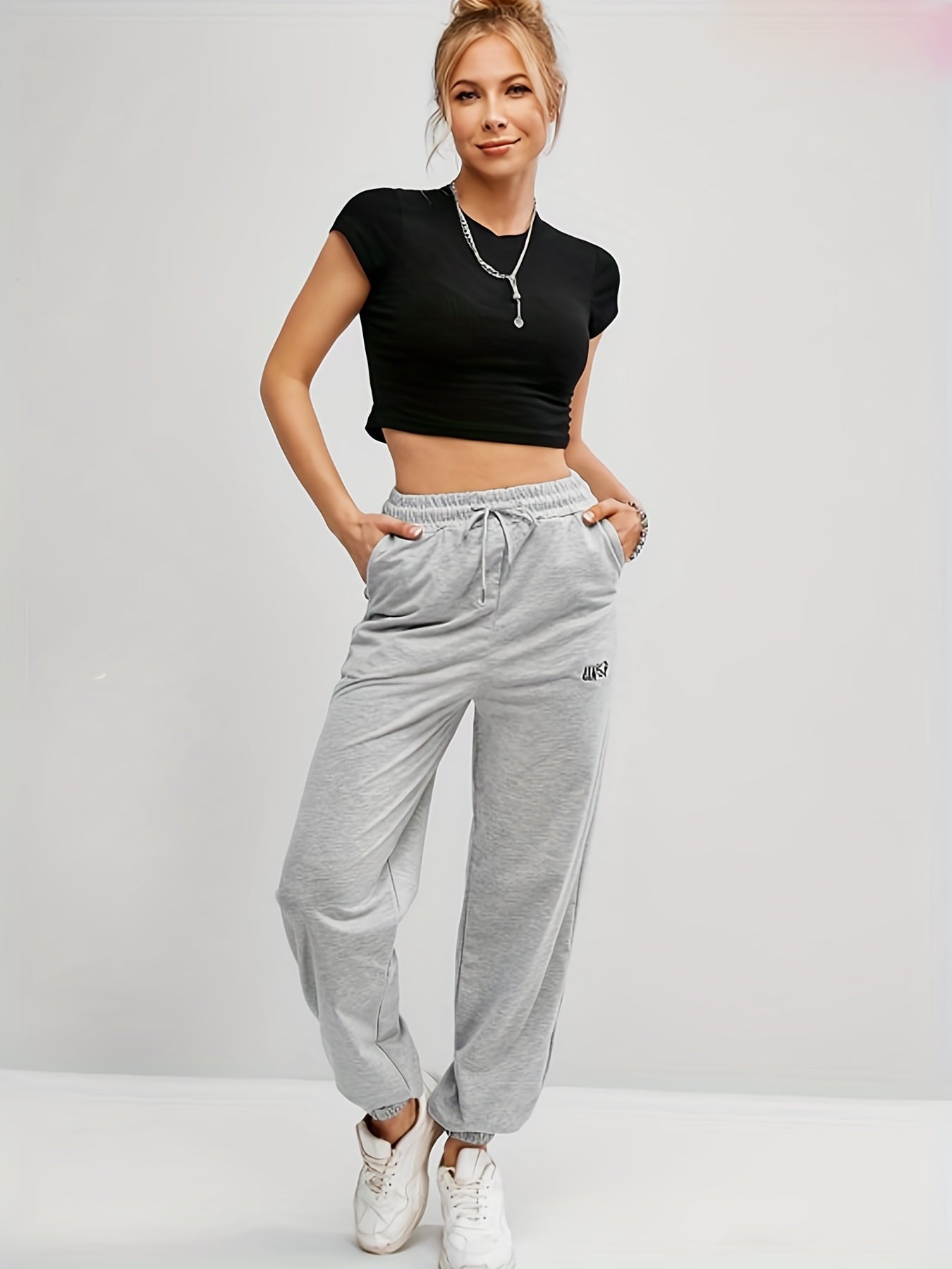 Letter Embroidered Jogger Sweatpants Casual Pocket Drawstring Pants