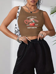 Cherry & Letter Print Crop Tank Top