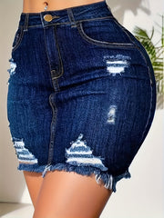 Casual Denim Shirt & Solid Ripped Denim Skirt Set