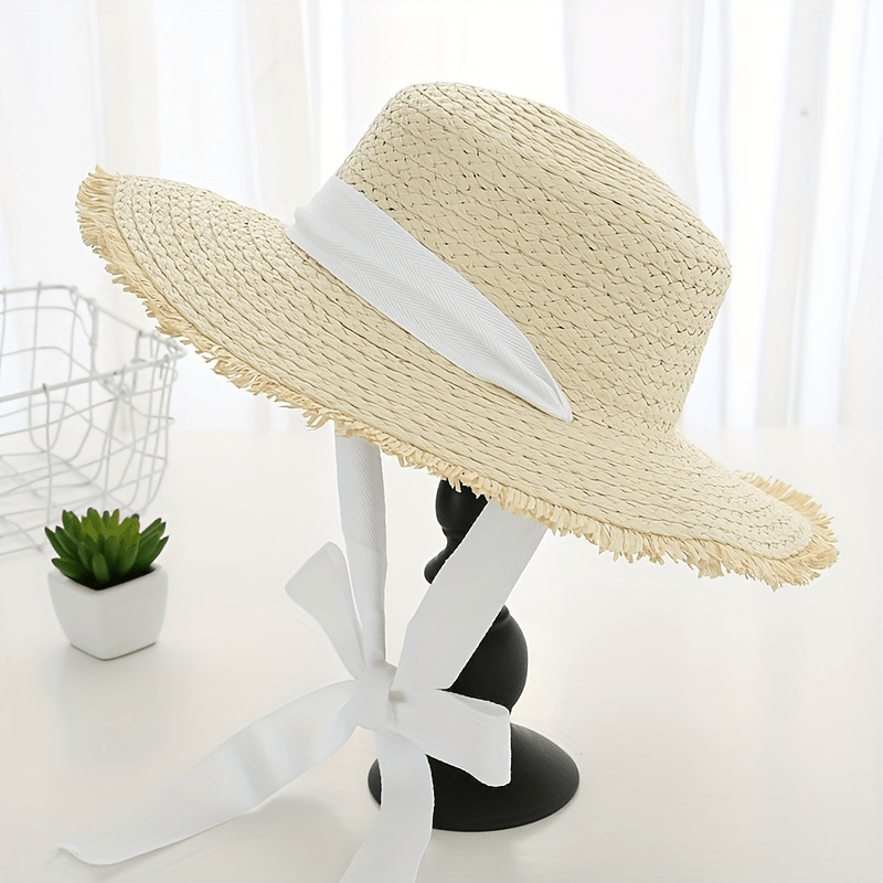 Ribbon Bowknot Straw Hat UV Protection Wide Brim Travel Beach Hat
