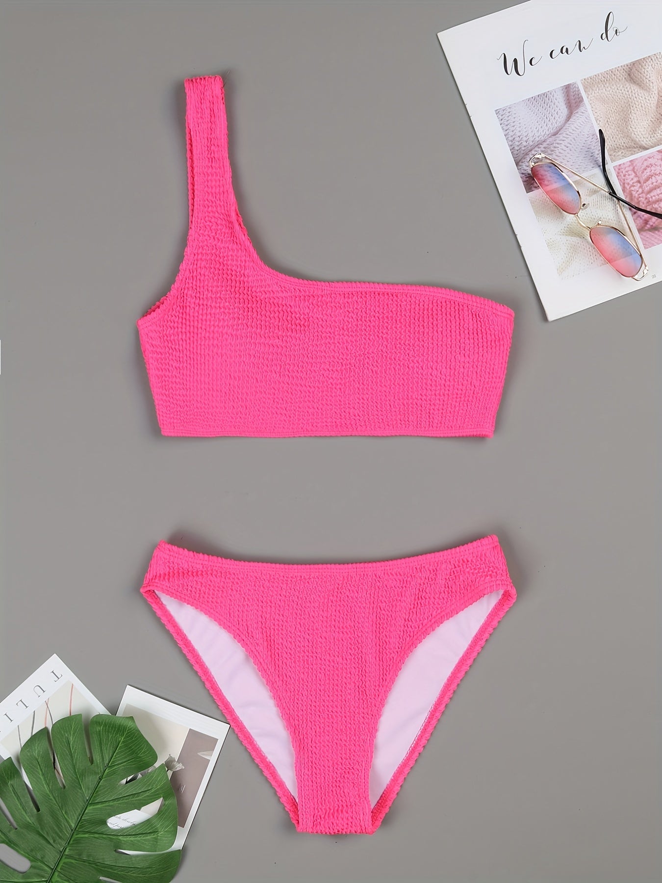 One Shoulder Solid 2 Piece Set Bikini Asymmetric Ruched Swimsuit