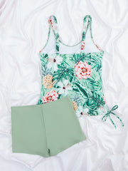 Tropical Leaf Print Tankini Set with High Waist Boxer Shorts