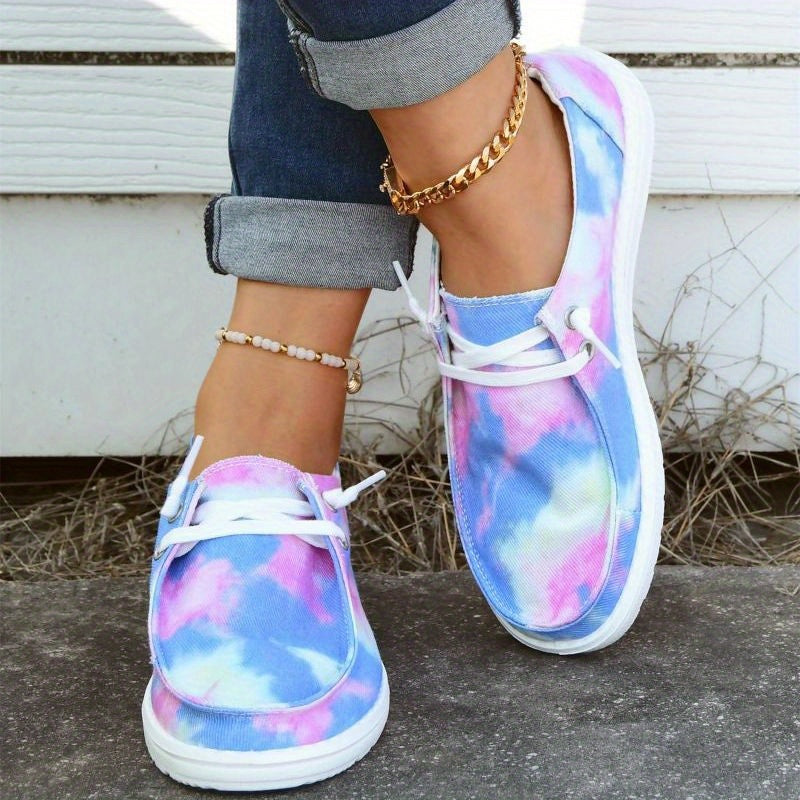Women's Tie Dye Flat Loafers Lace Up Canvas Shoes