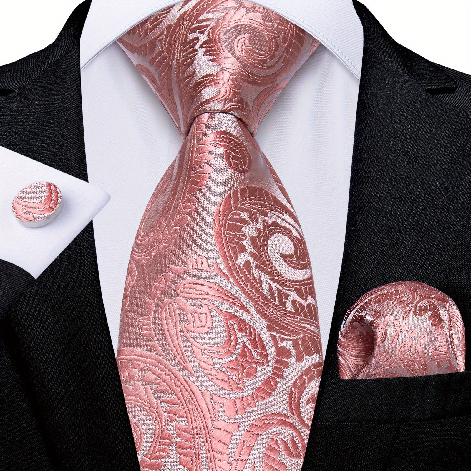 Dibangu Men's Pink Paisley Striped Silk Woven Necktie Set