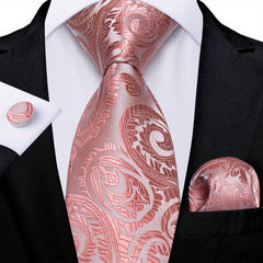 Dibangu Men's Pink Paisley Striped Silk Woven Necktie Set