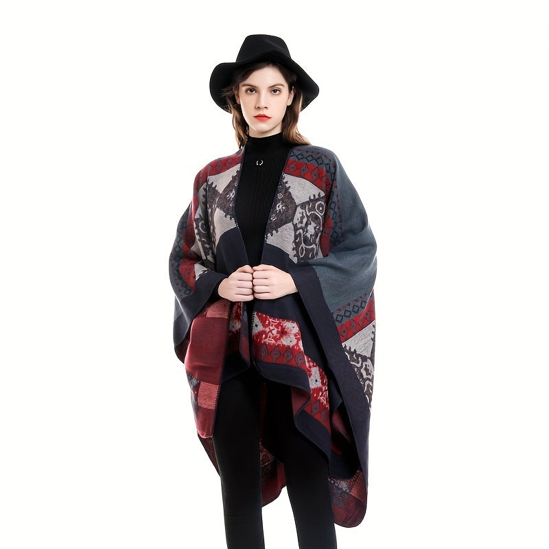 Geometric Print Shawl Wrap Warm Sunscreen Windproof Poncho Cape