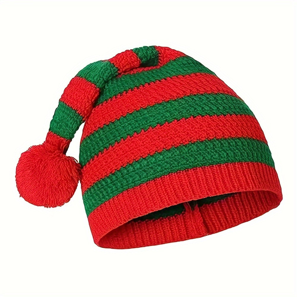 Christmas Striped Knit Hat With Pom, Adult Kids Beanie Caps