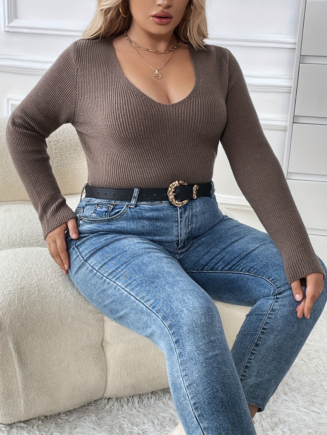 V Neck Ribbed Sweater Long Sleeve Top
