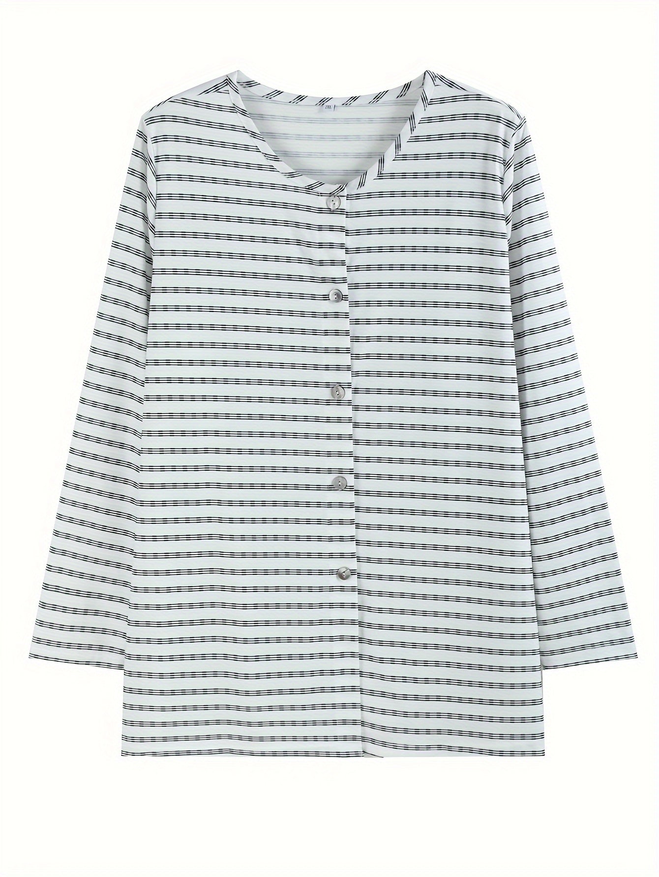 Plus Size Stripe Print Button Up Long Sleeve Tunic Shirt